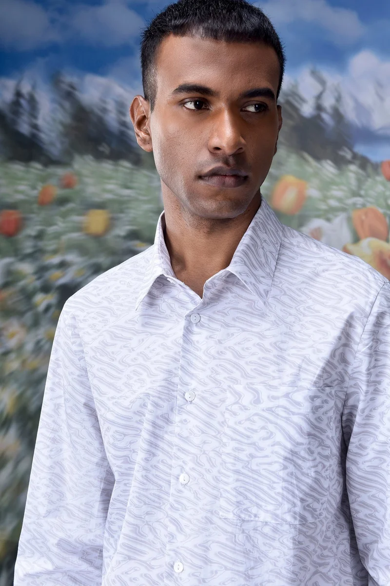 Genes Lecoanet Hemant Labyrinth Cotton Regular Fit Shirt- Pearl Grey